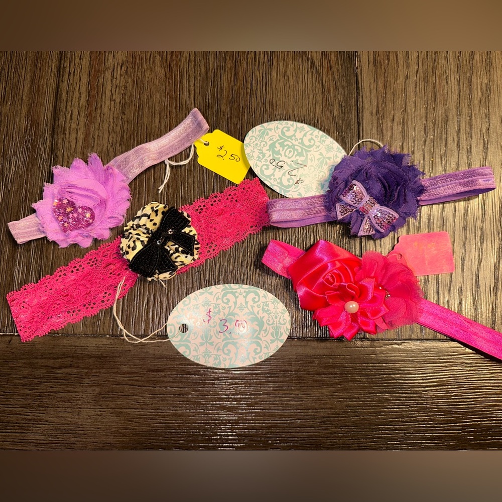 NWT Handmade Flower Headbands x 4 Infant Baby Child Girl Sequin Bow Heart Gems